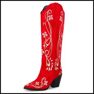 Knee High Cowgirl Boots with Floral Embroidery, Chunky Heel, Pointed Toe